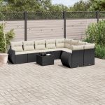 Set canapele de grădină cu perne, 10 piese, negru, poliratan GartenMobel Dekor