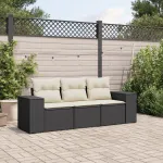 Set mobilier de grădină cu perne, 3 piese, negru, poliratan GartenMobel Dekor