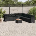 Set canapele de grădină cu perne, 10 piese, negru, poliratan GartenMobel Dekor
