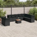 Set canapele de grădină cu perne, 11 piese, negru, poliratan GartenMobel Dekor