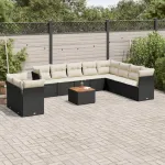 Set canapele de grădină cu perne, 11 piese, negru, poliratan GartenMobel Dekor