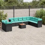 Set canapele de grădină cu perne, 11 piese, negru, poliratan GartenMobel Dekor