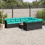 Set canapele de grădină cu perne, 11 piese, negru, poliratan GartenMobel Dekor