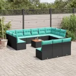 Set mobilier de grădină cu perne, 14 piese, negru, poliratan GartenMobel Dekor