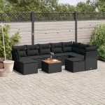 Set canapele de grădină cu perne, 10 piese, negru, poliratan GartenMobel Dekor