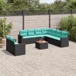 Set canapele de grădină cu perne, 10 piese, negru, poliratan GartenMobel Dekor