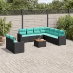 Set canapele de grădină cu perne, 10 piese, negru, poliratan GartenMobel Dekor