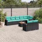 Set mobilier de grădină cu perne, 9 piese, negru, poliratan GartenMobel Dekor