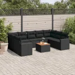 Set canapele de grădină cu perne, 10 piese, negru, poliratan GartenMobel Dekor