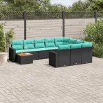 Set canapele de grădină cu perne, 11 piese, negru, poliratan GartenMobel Dekor