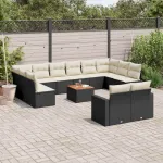 Set mobilier de grădină cu perne, 13 piese, negru, poliratan GartenMobel Dekor