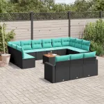 Set mobilier de grădină cu perne, 14 piese, negru, poliratan GartenMobel Dekor