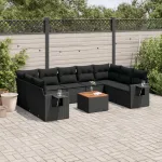 Set canapele de grădină cu perne, 10 piese, negru, poliratan GartenMobel Dekor