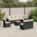 Set mobilier de grădină cu perne, 9 piese, negru, poliratan GartenMobel Dekor