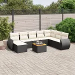 Set mobilier de grădină cu perne, 9 piese, negru, poliratan GartenMobel Dekor