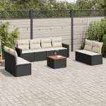 Set mobilier de grădină cu perne, 9 piese, negru, poliratan GartenMobel Dekor