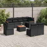 Set mobilier de grădină cu perne, 9 piese, negru, poliratan GartenMobel Dekor
