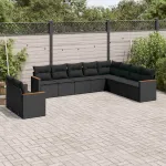 Set canapele de grădină cu perne, 10 piese, negru, poliratan GartenMobel Dekor