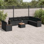 Set canapele de grădină cu perne, 11 piese, negru, poliratan GartenMobel Dekor