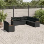 Set mobilier de grădină cu perne, 9 piese, negru, poliratan GartenMobel Dekor