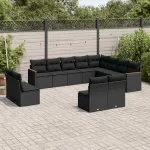 Set canapele de grădină, 12 piese, cu perne, negru, poliratan GartenMobel Dekor