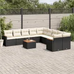 Set canapele de grădină cu perne, 11 piese, negru, poliratan GartenMobel Dekor