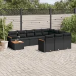 Set canapele de grădină cu perne, 11 piese, negru, poliratan GartenMobel Dekor