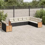 Set canapele de grădină cu perne, 10 piese, negru, poliratan GartenMobel Dekor