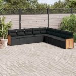 Set mobilier de grădină cu perne, 9 piese, negru, poliratan GartenMobel Dekor