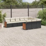 Set canapele de grădină cu perne, 10 piese, negru, poliratan GartenMobel Dekor