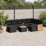 Set canapele de grădină cu perne, 10 piese, negru, poliratan GartenMobel Dekor