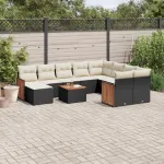 Set canapele de grădină cu perne, 11 piese, negru, poliratan GartenMobel Dekor