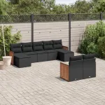 Set mobilier de grădină cu perne, 9 piese, negru, poliratan GartenMobel Dekor