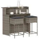 Set mobilier bar de grădină, cu perne, 3 piese, gri, poliratan GartenMobel Dekor