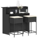 Set mobilier bar de grădină cu perne, 3 piese, negru, poliratan GartenMobel Dekor