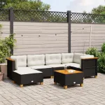 Set canapele de grădină cu perne, 7 piese, negru, poliratan GartenMobel Dekor