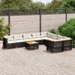 Set canapele de grădină cu perne, 10 piese, negru, poliratan GartenMobel Dekor