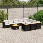 Set canapele de grădină cu perne, 11 piese, negru, poliratan GartenMobel Dekor