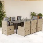 Set de masă pentru grădină, 9 piese, cu perne, bej, poliratan GartenMobel Dekor