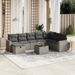 Set canapele de grădină, 9 piese, cu perne, gri, poliratan GartenMobel Dekor