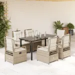 Set de masă pentru grădină, 7 piese, cu perne, bej, poliratan GartenMobel Dekor