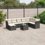 Set mobilier de grădină cu perne, 9 piese, negru, poliratan GartenMobel Dekor