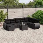 Set mobilier de grădină cu perne, 9 piese, negru, poliratan GartenMobel Dekor