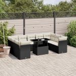 Set canapele de grădină cu perne, 10 piese, negru, poliratan GartenMobel Dekor