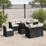 Set mobilier de grădină cu perne, 9 piese, negru, poliratan GartenMobel Dekor
