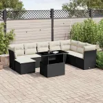 Set mobilier de grădină cu perne, 9 piese, negru, poliratan GartenMobel Dekor