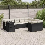 Set canapele de grădină cu perne, 10 piese, negru, poliratan GartenMobel Dekor