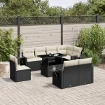 Set mobilier de grădină cu perne, 9 piese, negru, poliratan GartenMobel Dekor