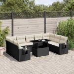Set canapele de grădină cu perne, 10 piese, negru, poliratan GartenMobel Dekor