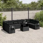 Set canapele de grădină cu perne, 11 piese, negru, poliratan GartenMobel Dekor